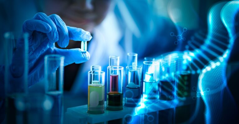Researcher holding blue pill for health care and wellness research.