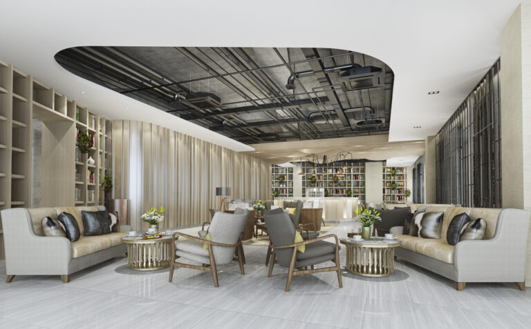 Elegant lounge lobby area with comfortable seating and modern decor for home and spaces.