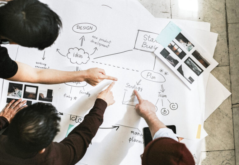 Startup team collaborating on project planning and development ideas.