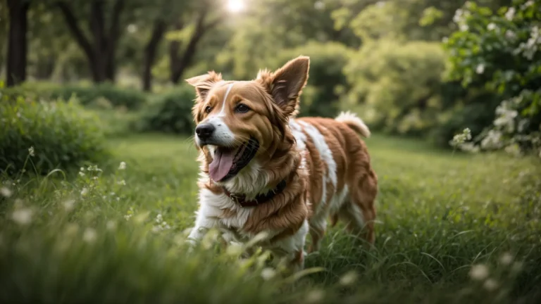 a happy dog energetically playing in a lush, green park.