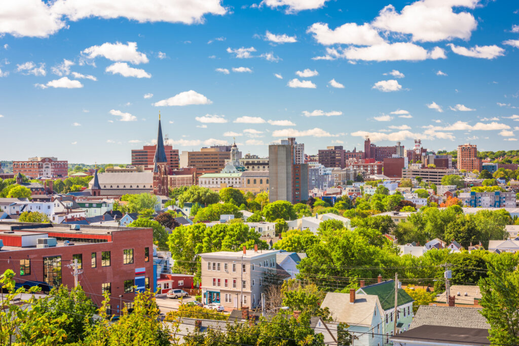Downtown Portland, Maine skyline and historic buildings for a weekend getaway.